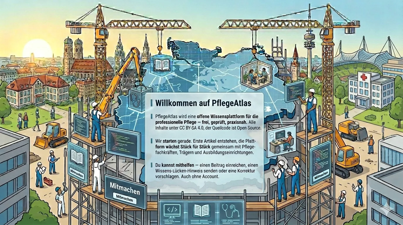 Symbolische Baustellen-Illustration mit Kränen, Mitmachen-Schildern und München-Skyline: PflegeAtlas im Aufbau